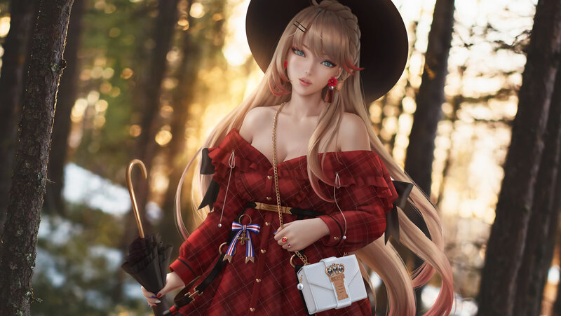 Anime Girl in Forest — Red, Serene, Afternoon, Digital Art