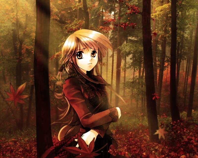 Anime Girl in Forest — Red, Serene, Autumn, Digital Art, Trees
