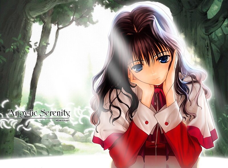 Anime Girl in Forest — Red, Serene, Morning
