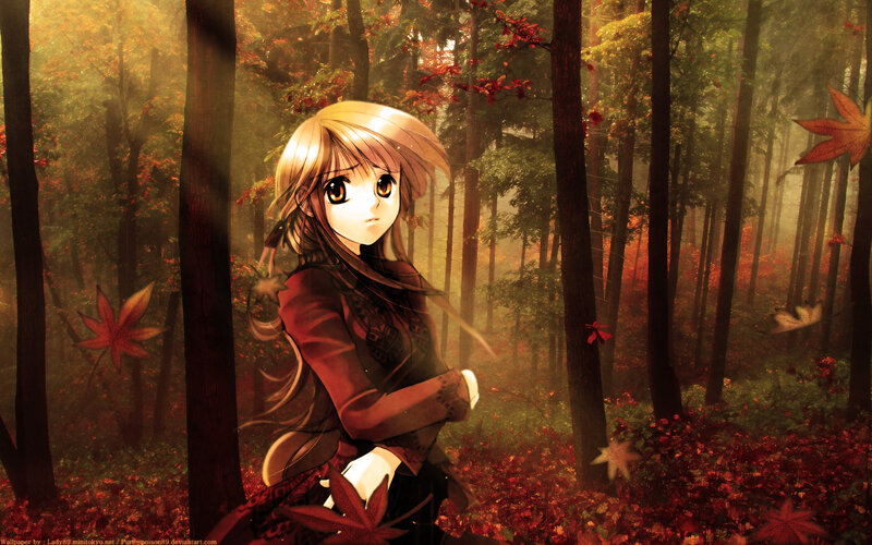 Anime Girl in Forest — Red, Serene