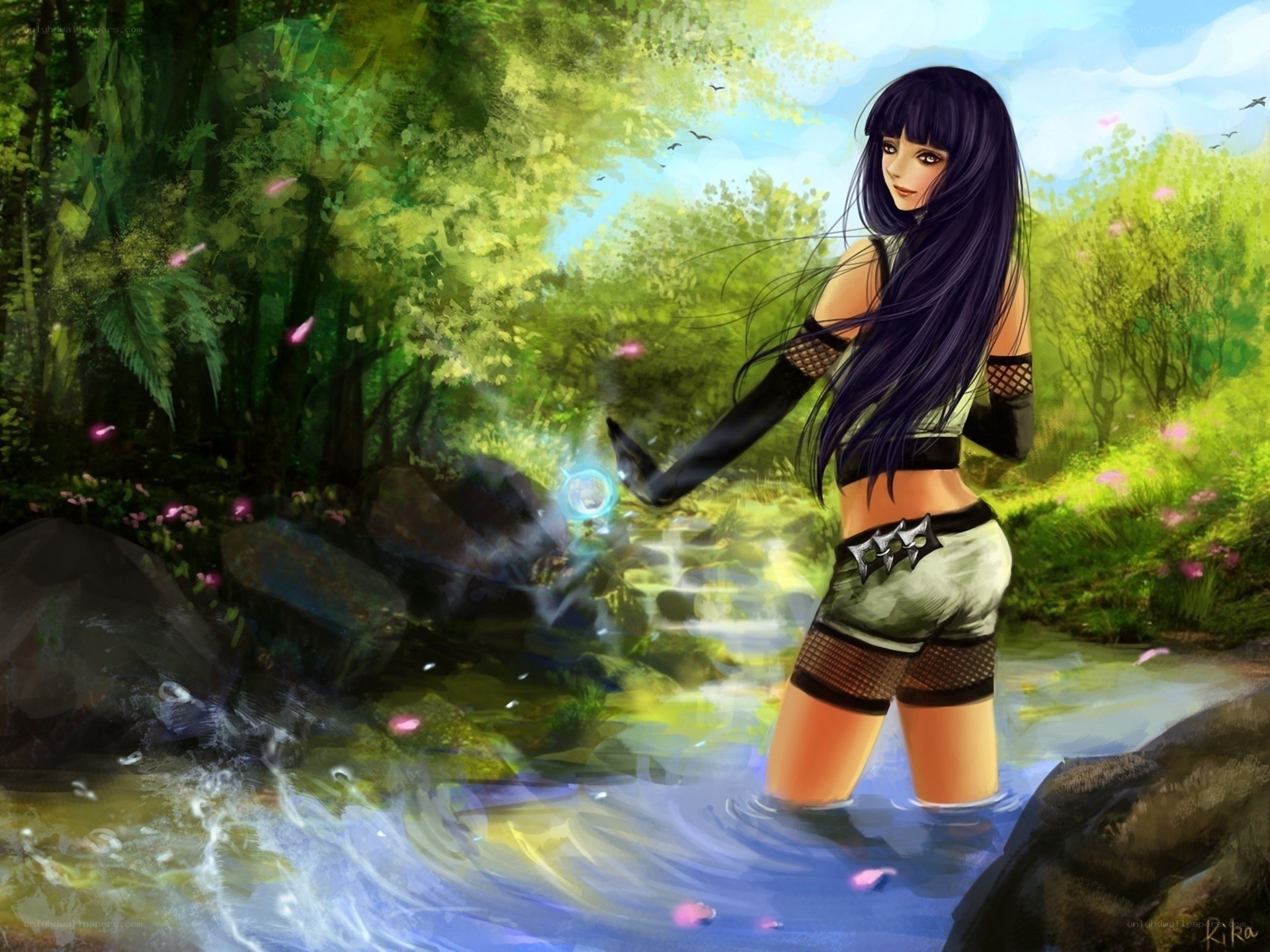 Anime girl in forest stream