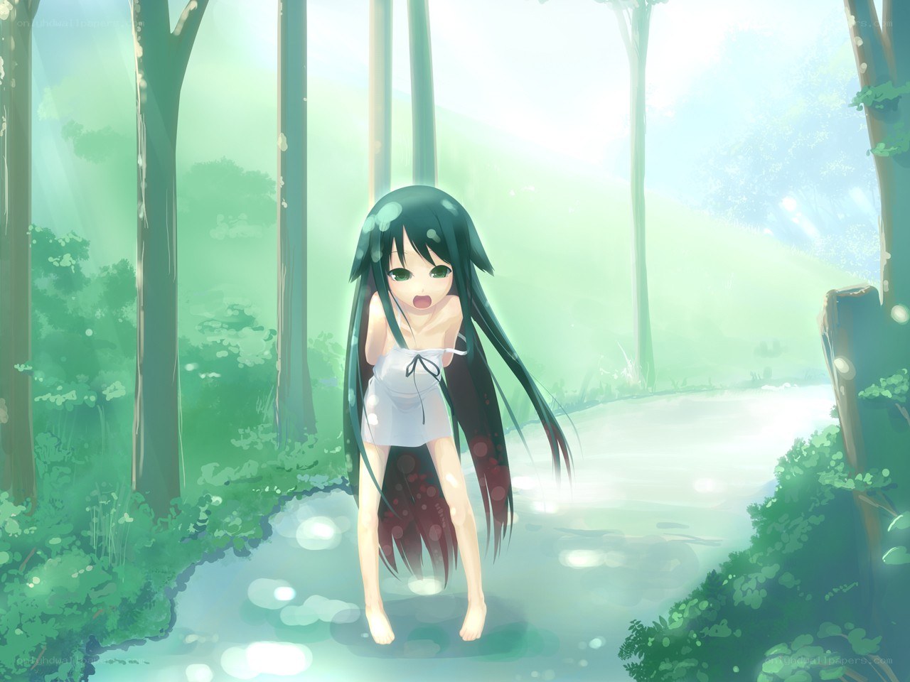Anime girl in forest stream