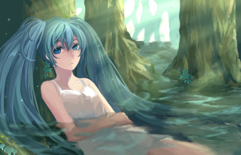Anime girl in forest stream