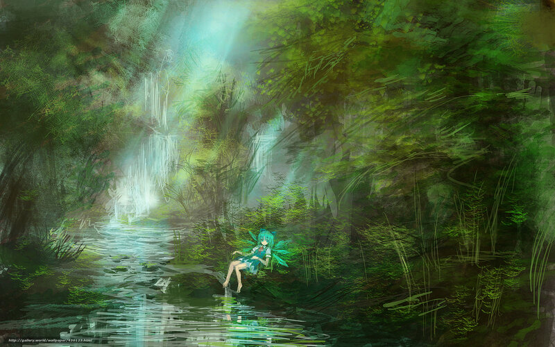 Anime girl in forest stream