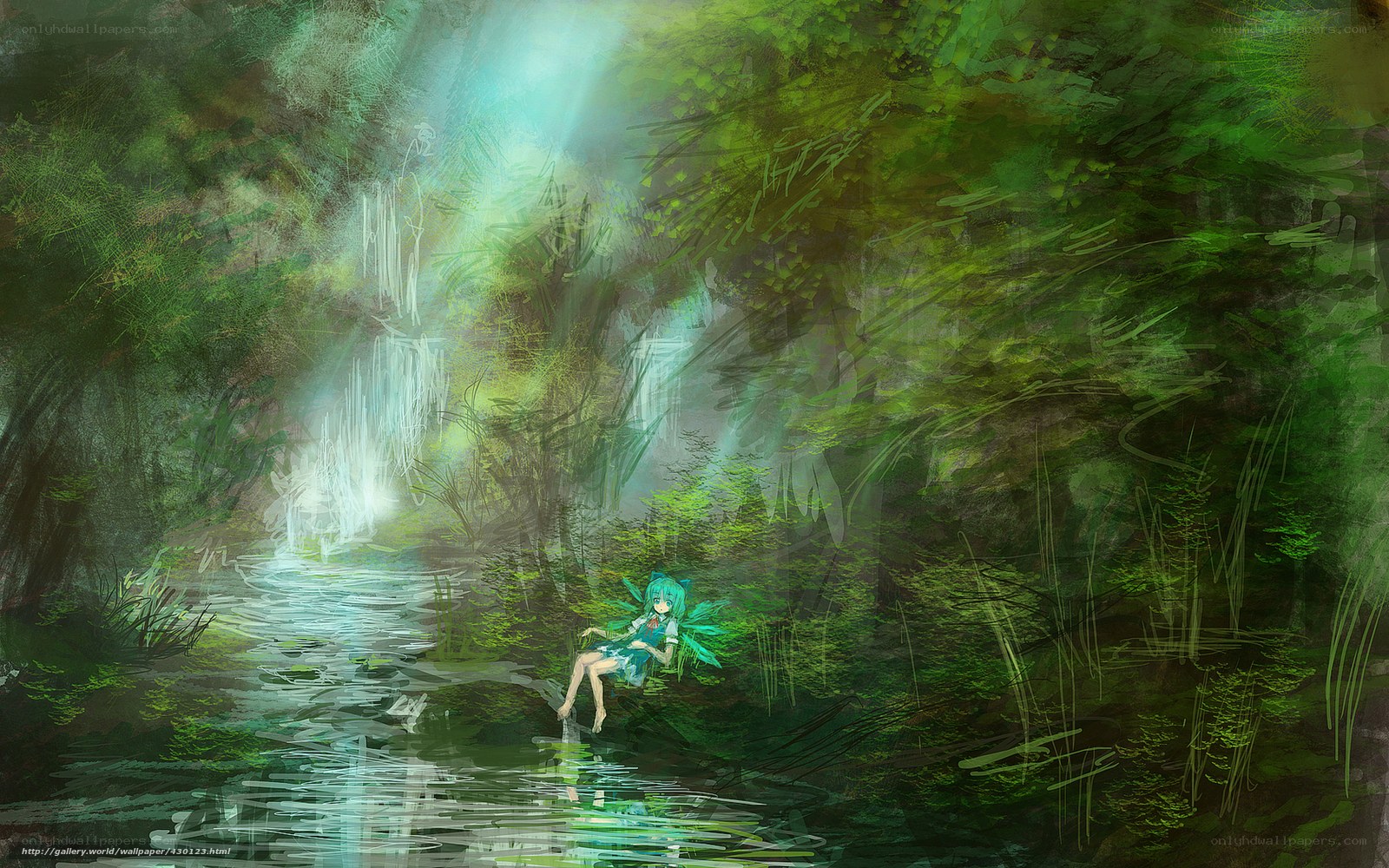 Anime girl in forest stream