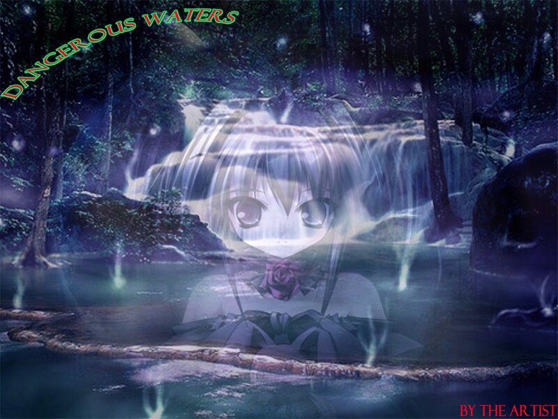 Anime girl in forest waterfall