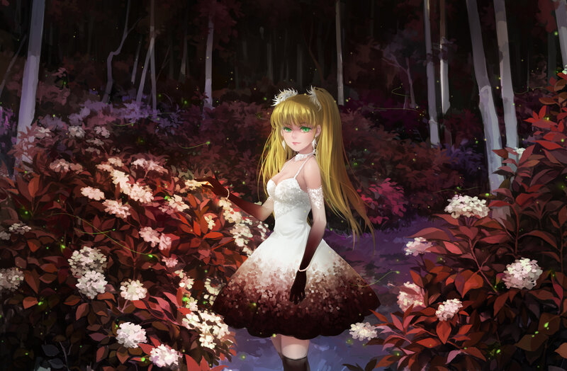 Anime Girl in Forest — White, Serene, Night