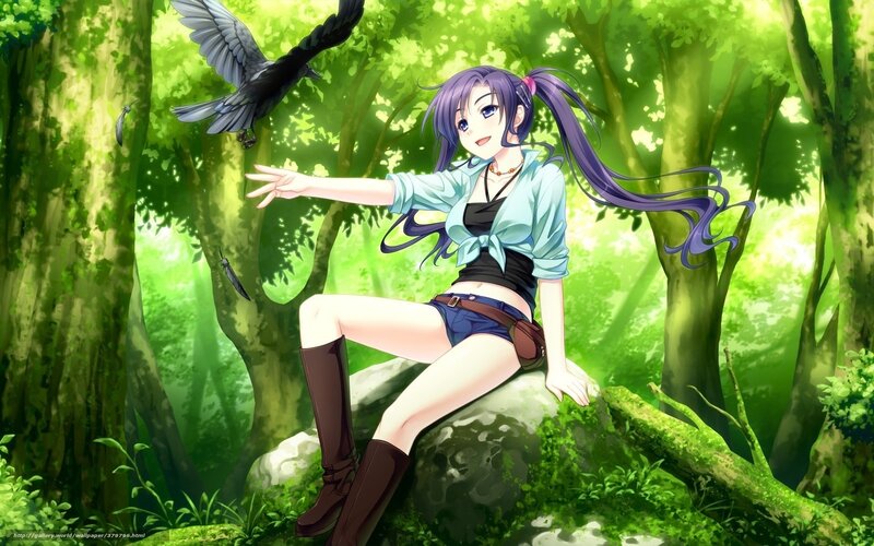 Anime girl in forest with bird
