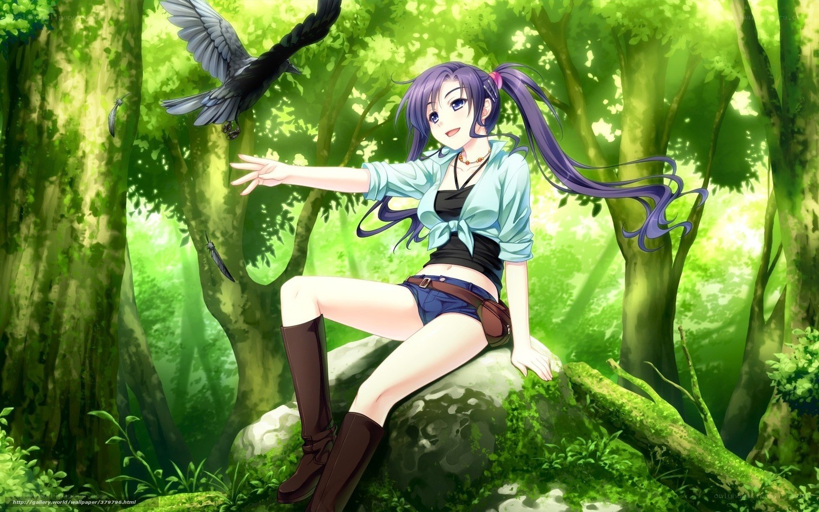 Anime girl in forest with bird