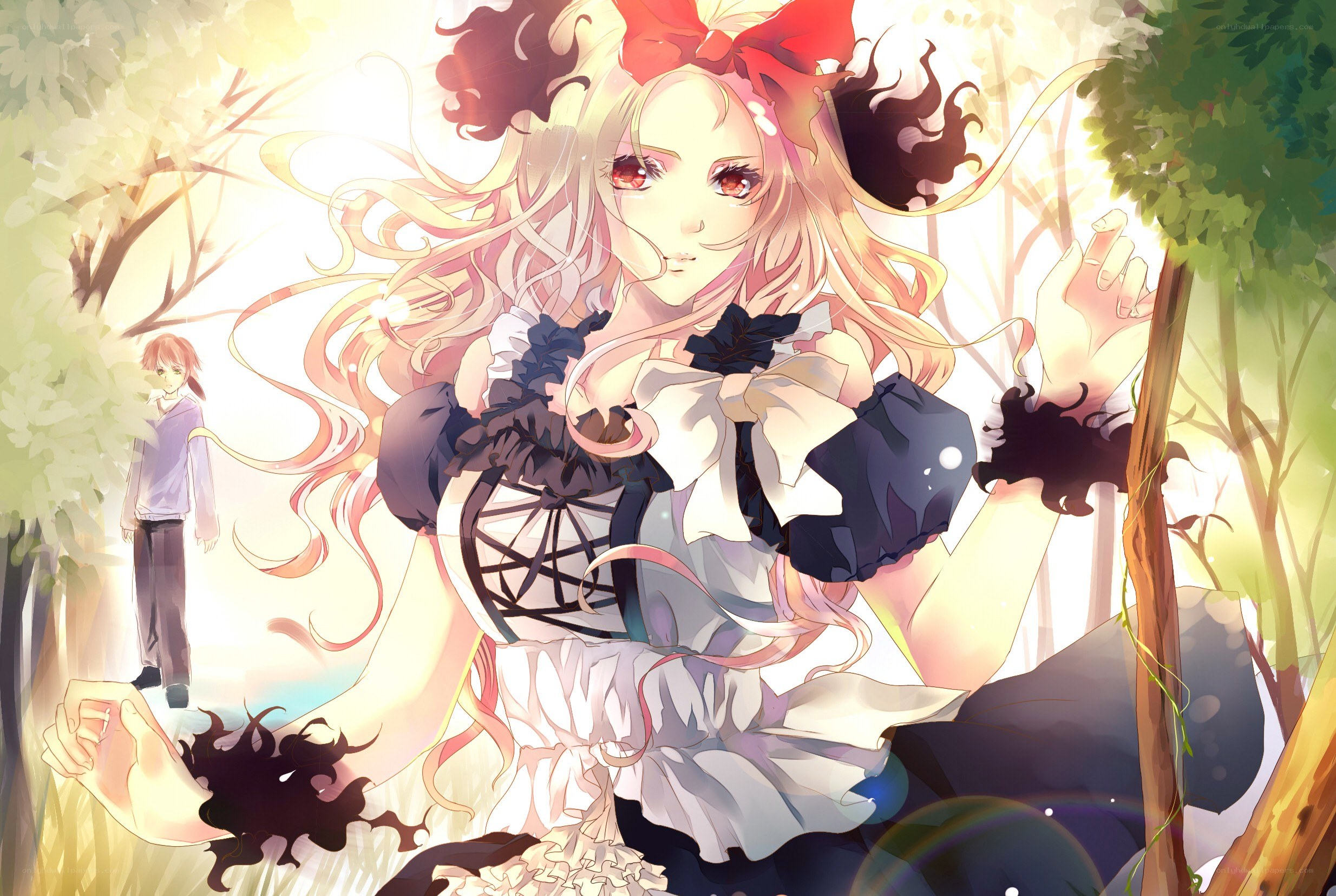 Anime girl in forest with boy