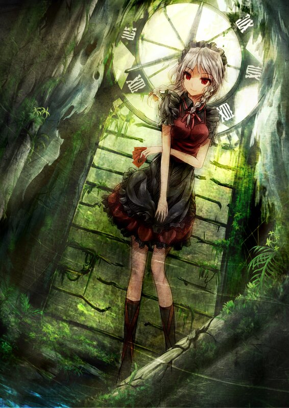 anime girl in forest with clock
