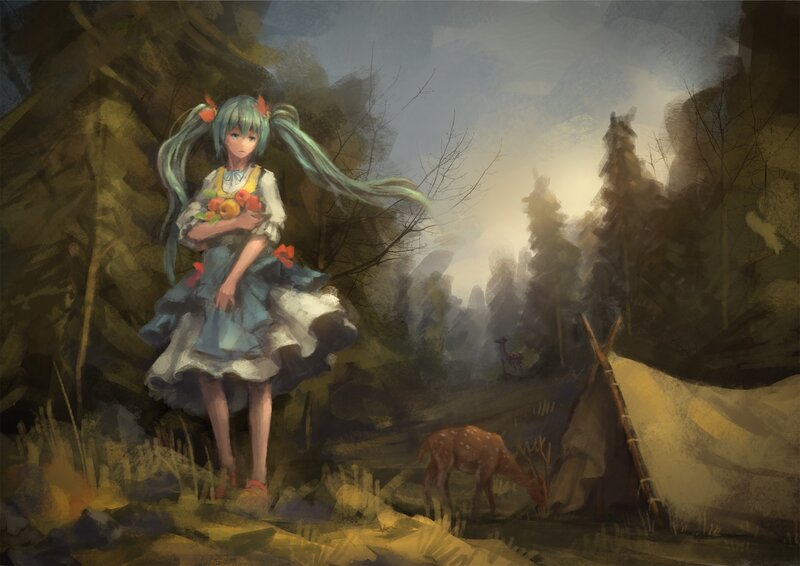Anime girl in forest with deer