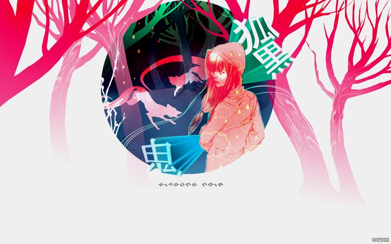 Anime girl in forest with foxes