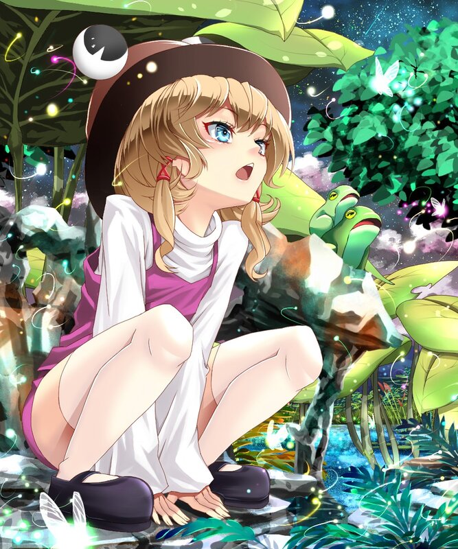 Anime girl in forest with frogs