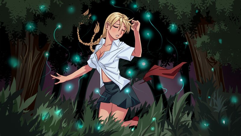 Anime girl in forest with glowing lights