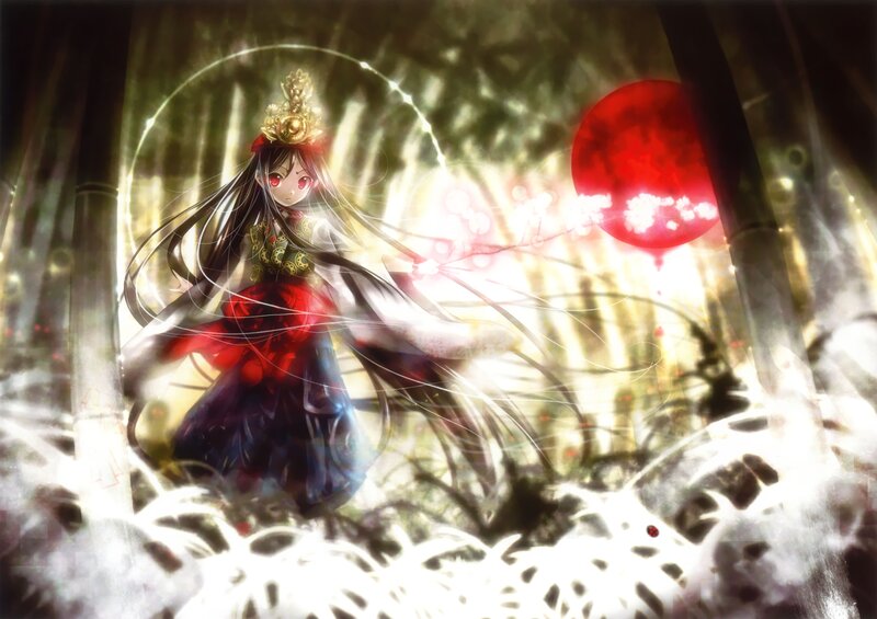 Anime girl in forest with red moon