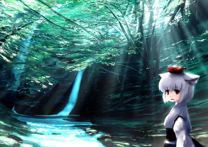 Anime girl in forest with waterfall