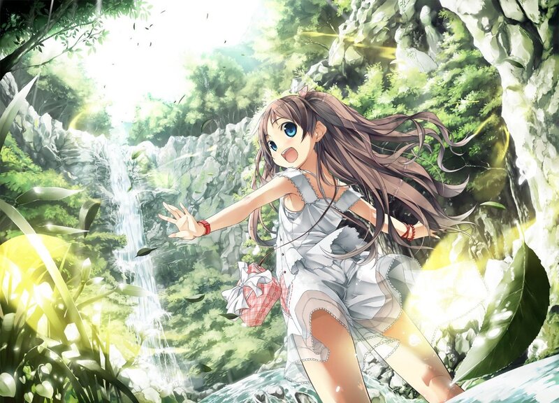 Anime girl in forest with waterfall