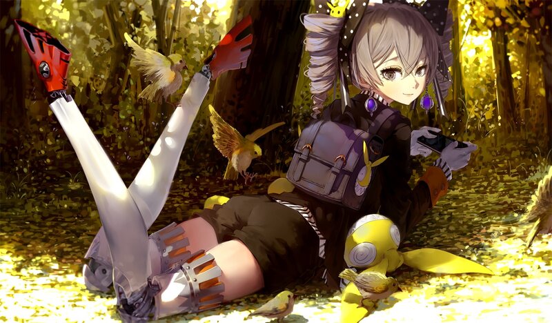 Anime Girl in Forest — Yellow, Serene, Autumn, Digital Art