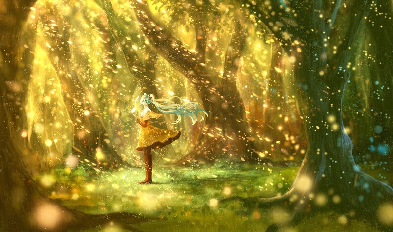 Anime Girl in Forest — Yellow, Serene
