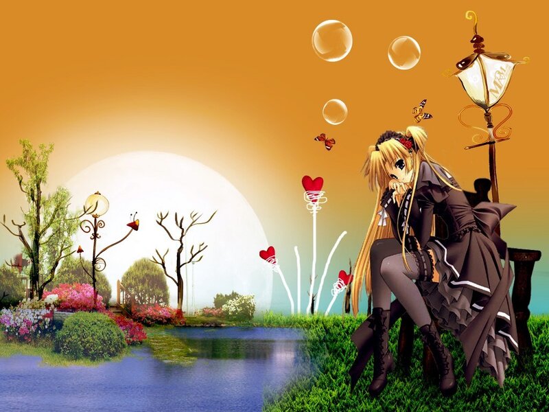 Anime girl in garden at sunset