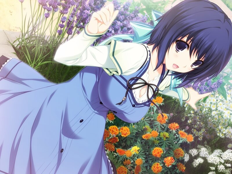 Anime Girl in Garden — Blue, Calm