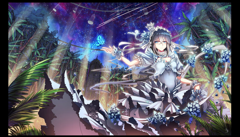 Anime Girl in Garden — Blue, Dreamy, Night, Digital Art