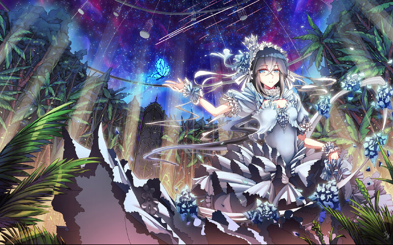 Anime Girl in Garden — Blue, Dreamy, Night