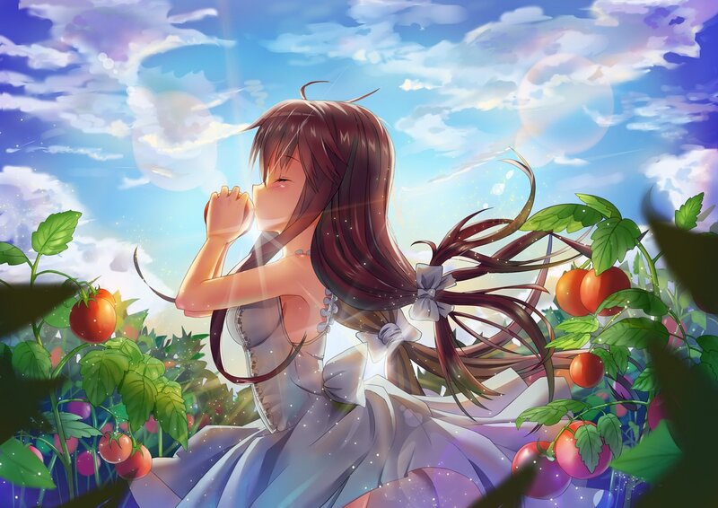 Anime Girl in Garden — Blue, Serene, Afternoon, Digital Art, Tomato Plants