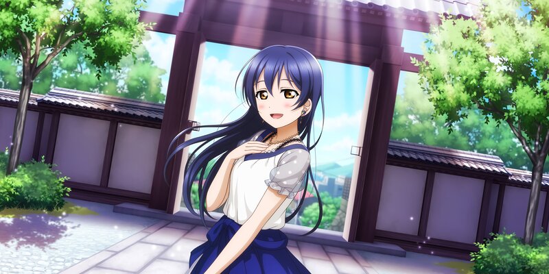 Anime Girl in Garden — Blue, Serene, Afternoon, Gate