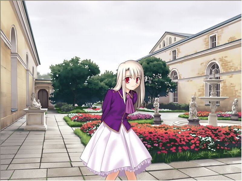 anime girl in garden courtyard