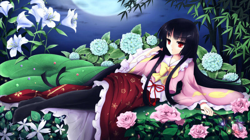 Anime Girl in Garden — Pink, Serene, Night