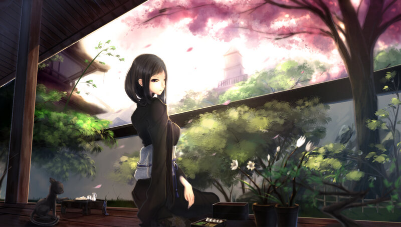 Anime Girl in Garden — Pink, Serene, Spring, Digital Art, Cat
