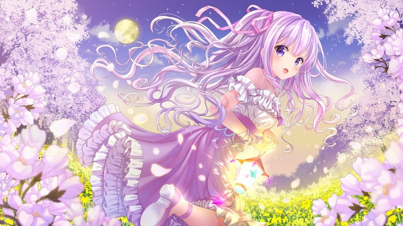 Anime Girl in Garden — Purple, Serene, Night