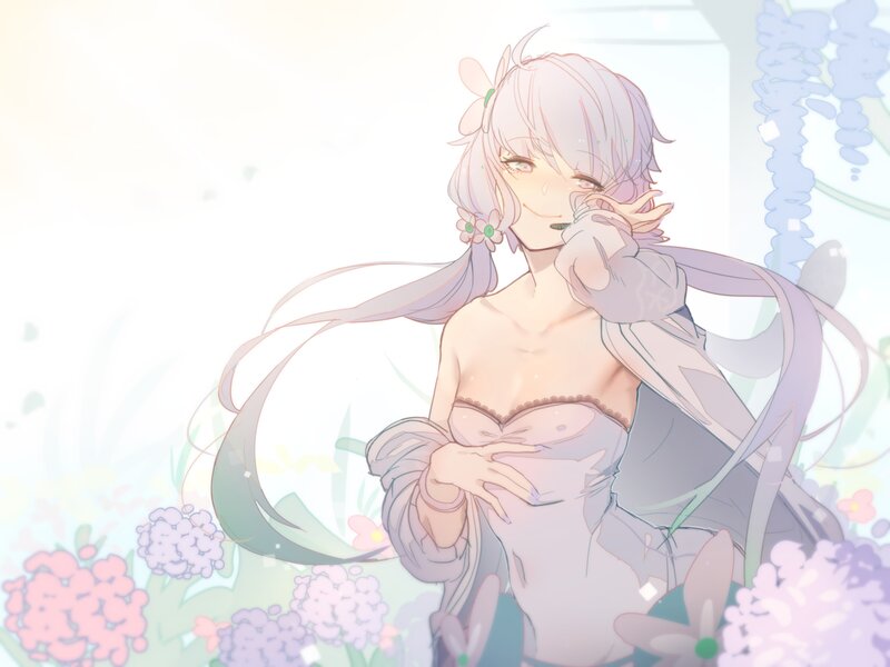 Anime Girl in Garden — Purple, Serene, Spring, Digital Art