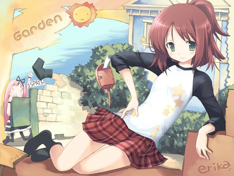 Anime Girl in Garden — Red, Playful, Afternoon, Sun