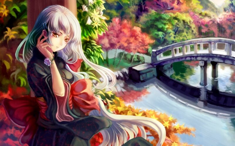 Anime Girl in Garden — Red, Serene