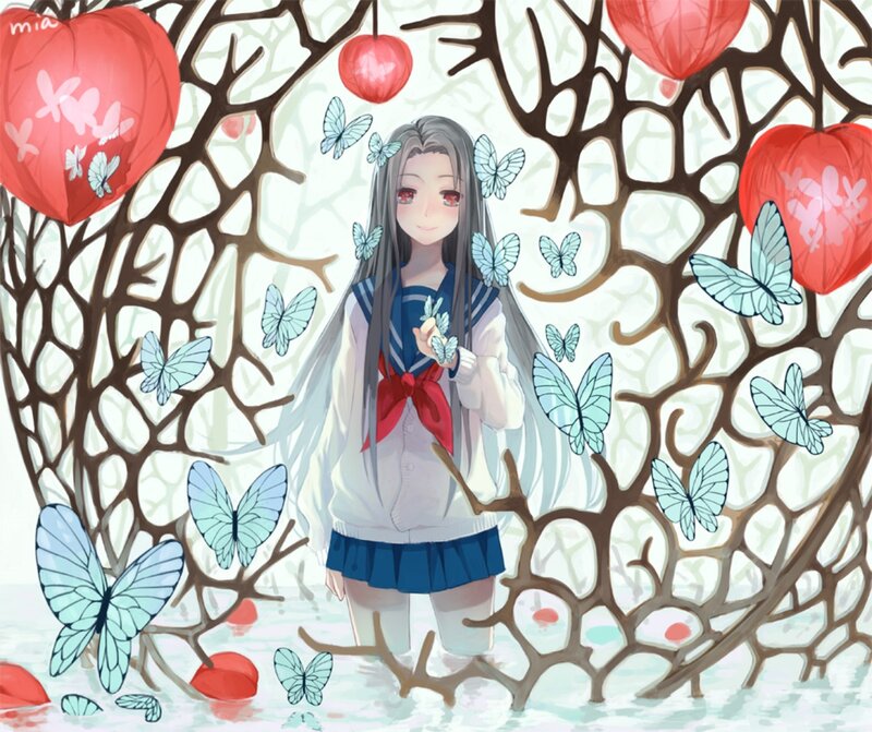 Anime Girl in Garden — White, Serene, Digital Art