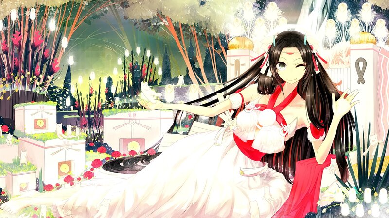 Anime Girl in Garden — White, Serene, Night, Digital Art