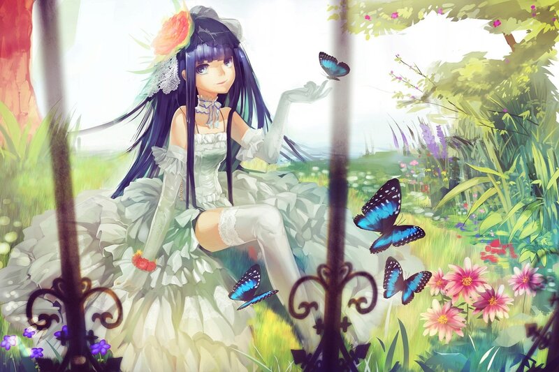 anime girl in garden with butterflies