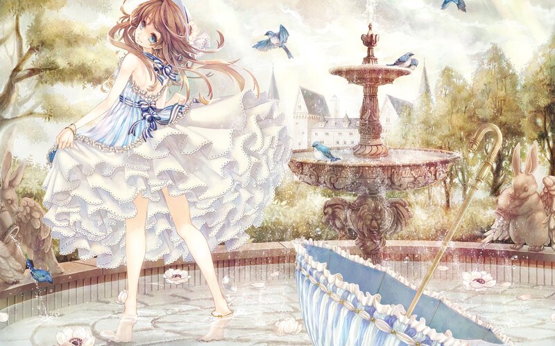 Anime girl in garden with fountain