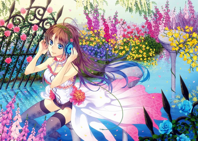 Anime girl in garden with headphones