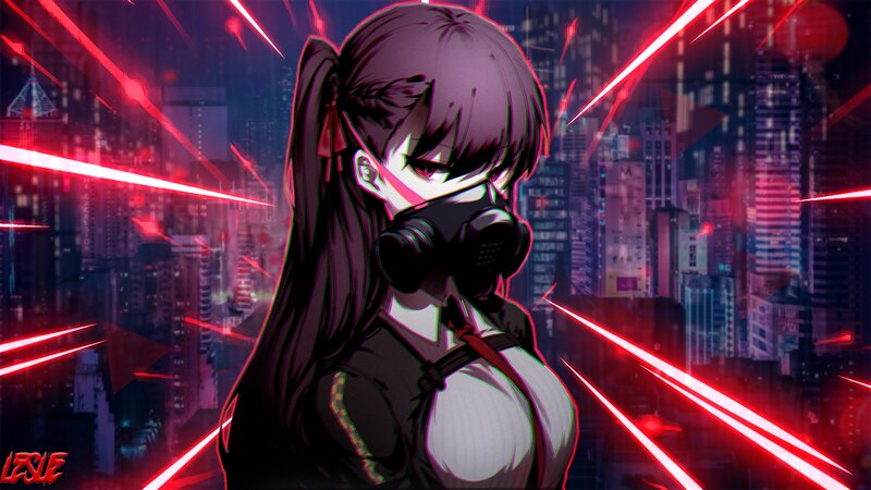 Anime Girl in Gas Mask — Black, Dramatic, Night, Digital Art