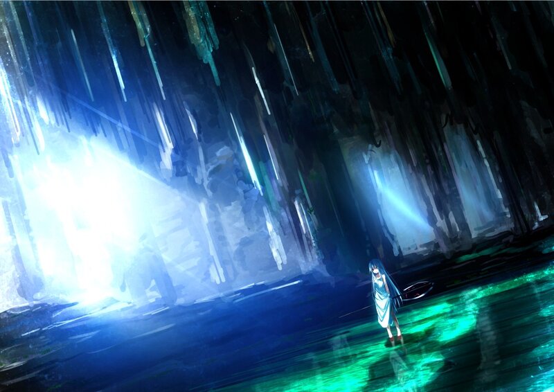 Anime girl in glowing cave