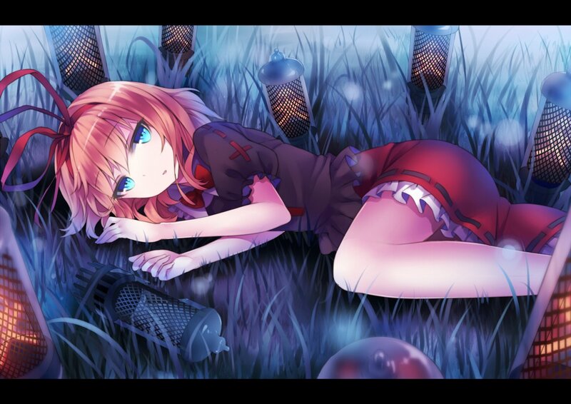 Anime girl in grass at night