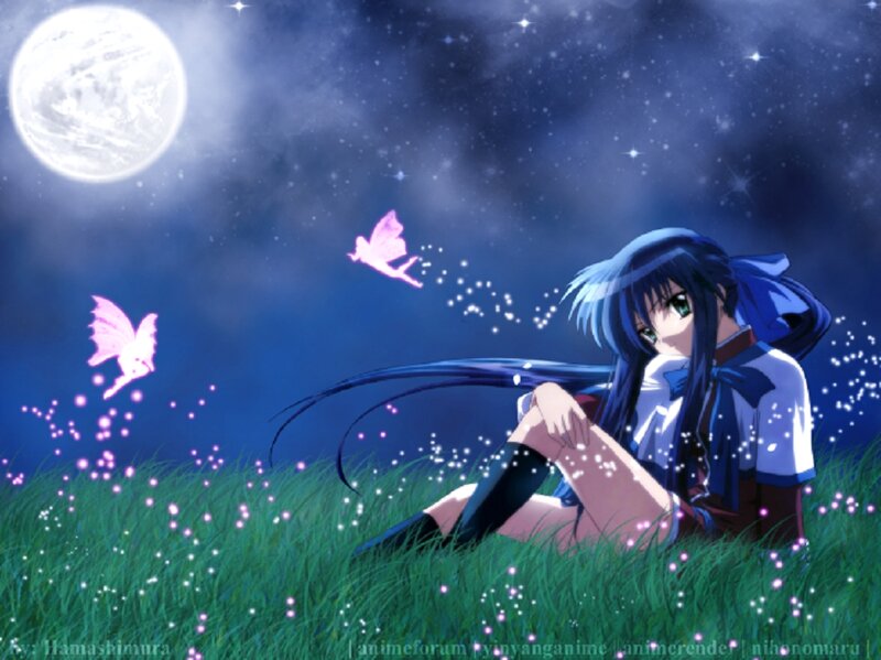Anime Girl in Grass — Blue, Serene, Night