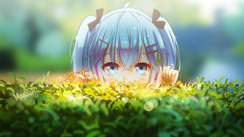 Anime Girl in Grass — Green, Playful, Afternoon, Digital Art