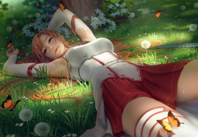 Anime Girl in Grass — Green, Serene, Afternoon, Digital Art, Butterflies