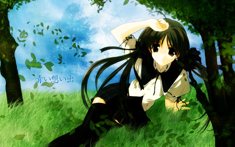 Anime Girl in Grass — Green, Serene, Afternoon, Trees