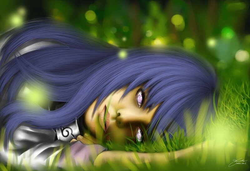 Anime Girl in Grass — Green, Serene, Night, Digital Art